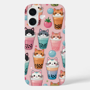 Kawaii Bubble Tea Cats Seamless Pattern iPhone 16 Case