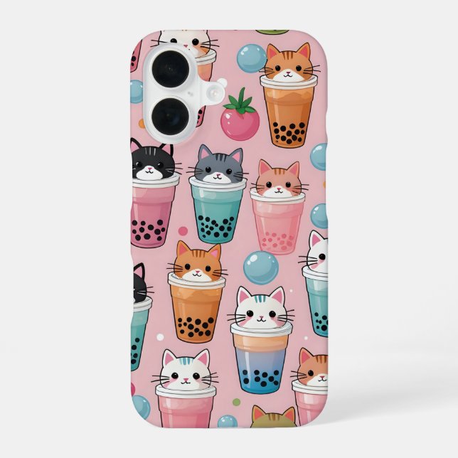 Kawaii Bubble Tea Cats Seamless Pattern iPhone 16 Case (Back)