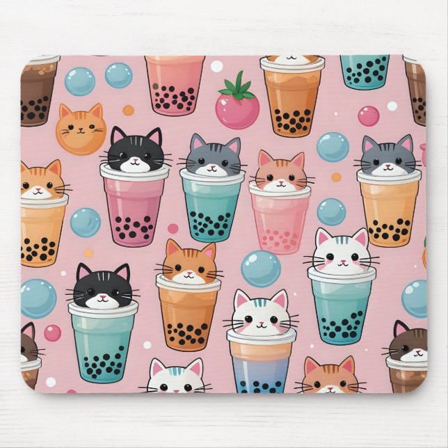 Kawaii Bubble Tea Cats Seamless Pattern Mouse Pad (Front)