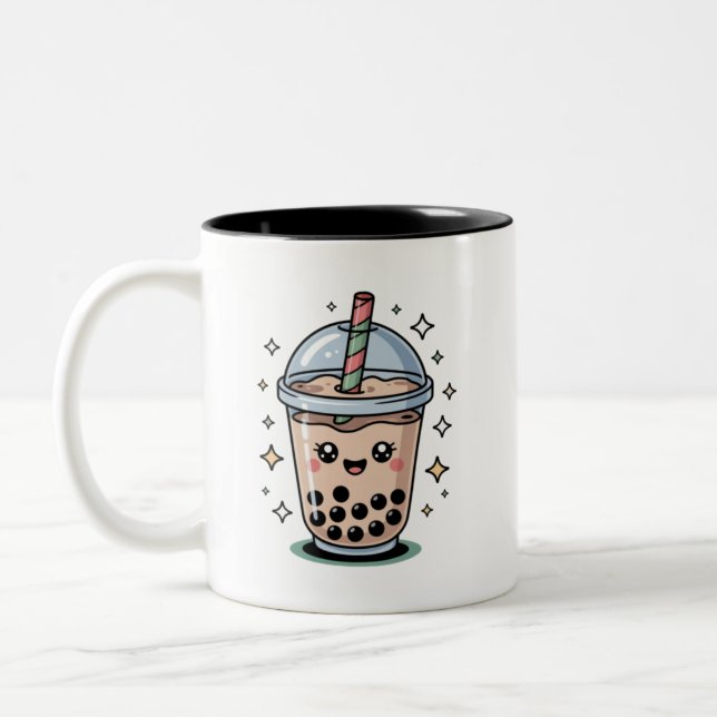 Kawaii Bubble Tea Cute Drink Design Two-Tone Coffee Mug (Left)