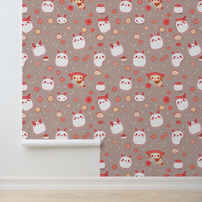 Kawaii Bunny and Snack Pattern on Taupe Wallpaper (Application)