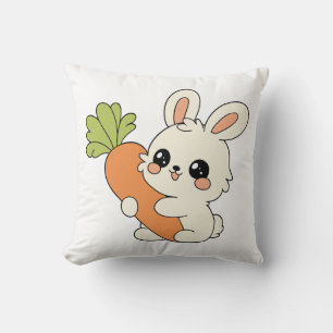 Kawaii Bunny Holding Carrot Throw Pillow