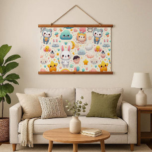 Kawaii Bunny Pastel Whimsical Wood Frame Tapestry