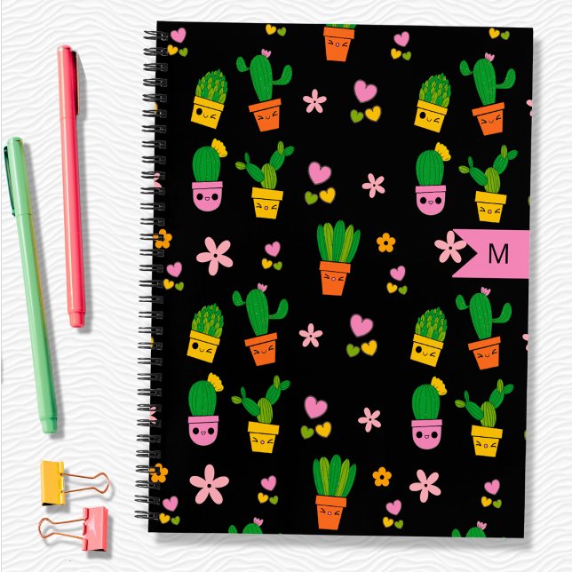 Kawaii Cactus Monogram Black Spiral Notebook (Creator Uploaded)