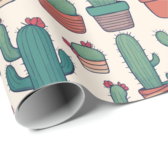 Kawaii Cactus Pattern Design Wrapping Paper (Roll Corner)