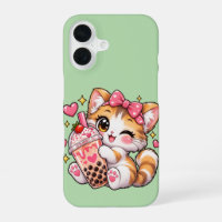 Kawaii Calico Cat Boba Tea Winking Strawberry Mint
