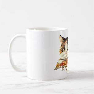 Kawaii Calico Cat Floral Peeking Art Coffee Mug
