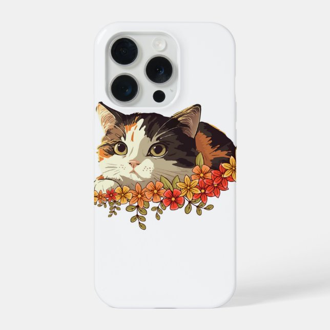 Kawaii Calico Cat Floral Peeking Art iPhone Case (Back)