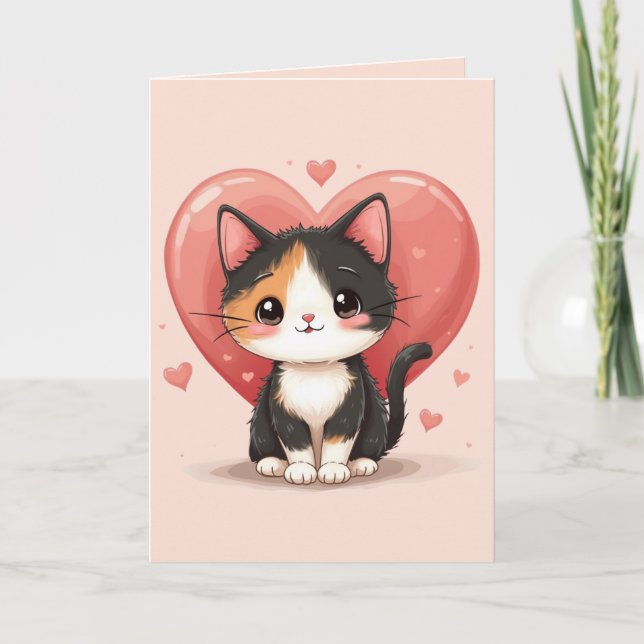 Kawaii Calico Cat Heart Valentine Design Thank You Card (Front)
