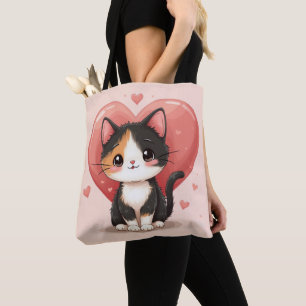 Kawaii Calico Cat Heart Valentine Design Tote Bag