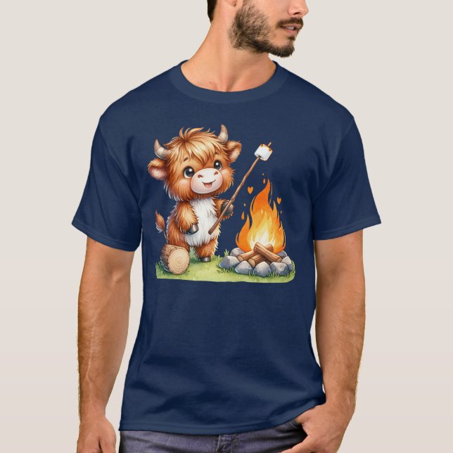 Kawaii Camping Highland Cow Roasting Marshmallows T-Shirt (Front)