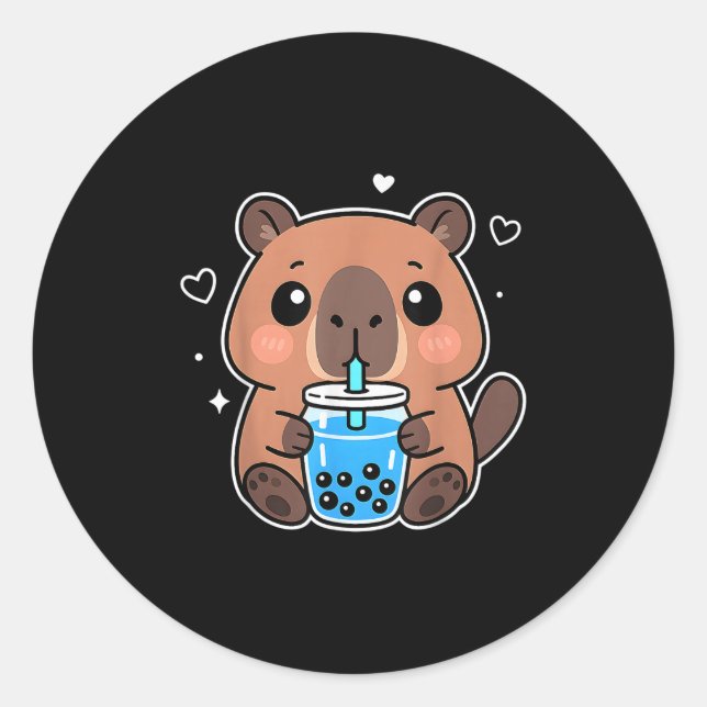 Kawaii Capybara Boba Drink Japanese Cute Anime Cap Classic Round Sticker (Front)