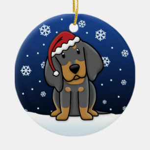 Kawaii Cartoon Black & Tan Coonhound Christmas Ceramic Ornament