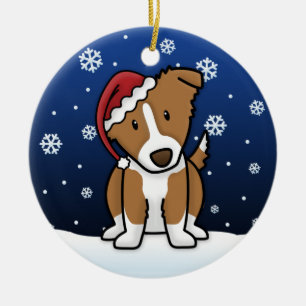 Kawaii Cartoon Brown Border Collie Christmas Ceramic Ornament