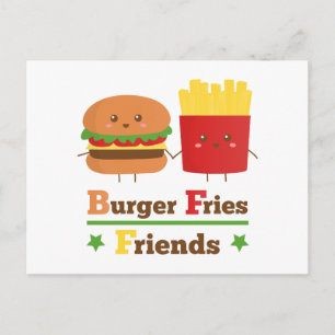 Kawaii Cartoon Burger Fries Friends BFF Postcard