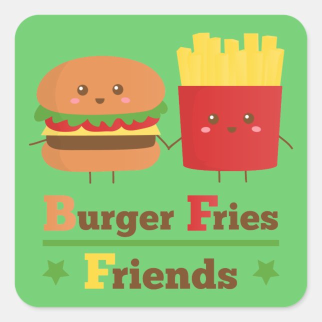 Kawaii Cartoon Burger Fries Friends BFF Square Sticker (Front)