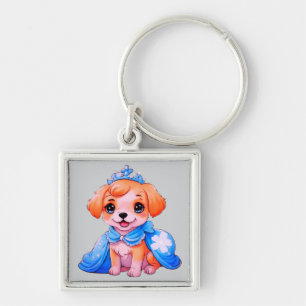 Kawaii cartoon Dog in blue dress and tiara Key Ring