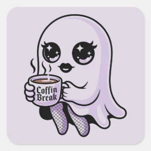 Kawaii Cartoon Ghost with Fishnet Stockings Square Sticker