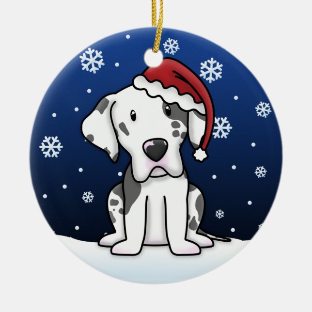 Kawaii Cartoon Harlequin Great Dane Christmas Ceramic Tree Decoration (Front)