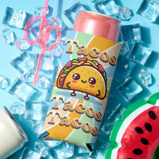 Kawaii Cartoon Tacos  Seltzer Can Cooler (In Situ Summer)