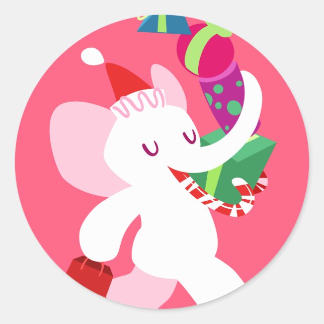 Kawaii Cartoon X-mas White Elephant Classic Round Sticker (Front)