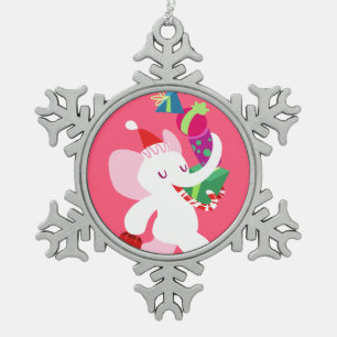 Kawaii Cartoon X-mas White Elephant Snowflake Pewter Christmas Ornament