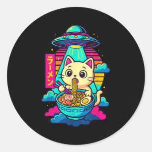 Kawaii Cat Alien Ufo Ramen Graphic Tee Funny Japan Classic Round Sticker