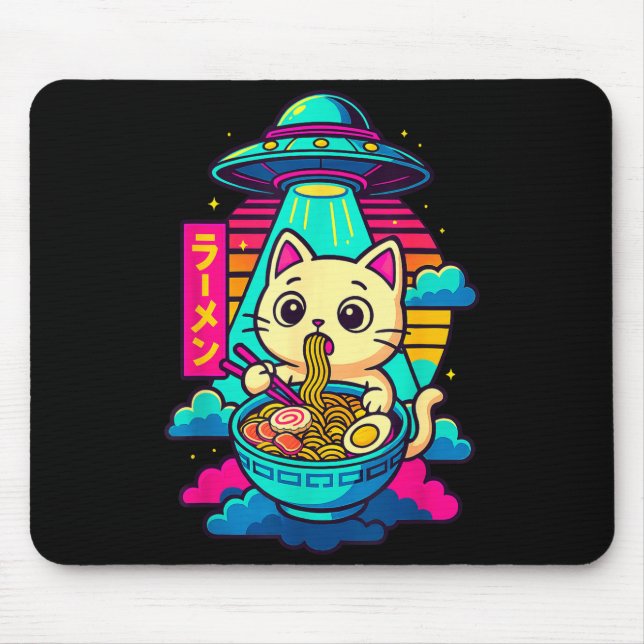 Kawaii Cat Alien Ufo Ramen Graphic Tee Funny Japan Mouse Pad (Front)