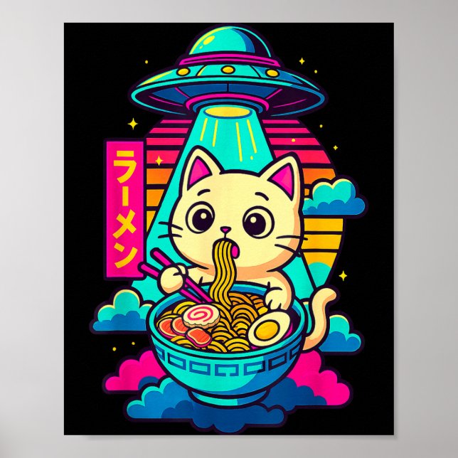 Kawaii Cat Alien Ufo Ramen Graphic Tee Funny Japan Poster (Front)