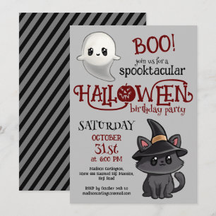 Kawaii Cat And Ghost Halloween Birthday Party Invitation