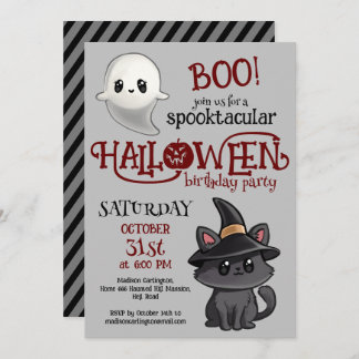 Kawaii Cat And Ghost Halloween Birthday Party Invitation