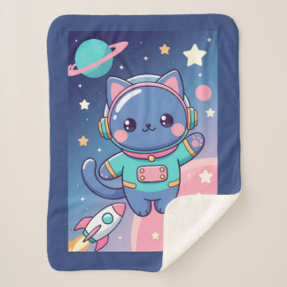 Kawaii Cat Astronaut Space Adventure Sherpa Blanket
