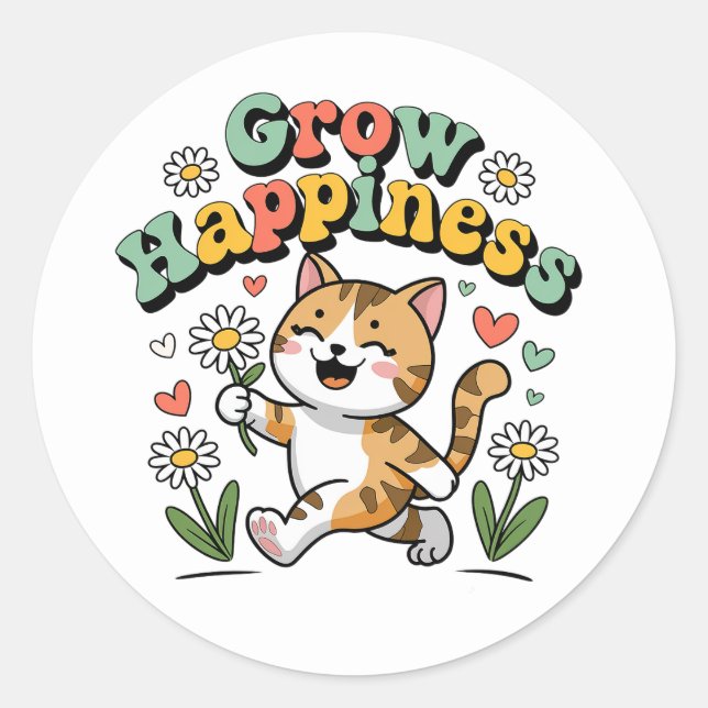 Kawaii Cat Be Happy Summer Garden Motivational Classic Round Sticker (Front)