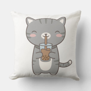 Kawaii Cat Boba Milk Tea Cute Grey Tabby Kitten Cushion