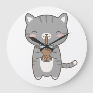 Kawaii Cat Boba Milk Tea Cute Grey Tabby Kitten Large Clock