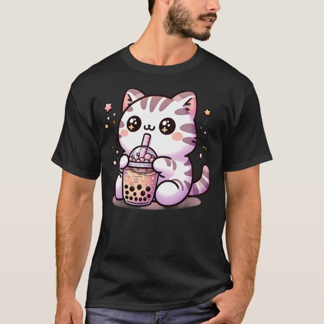 Kawaii Cat Bubble Tea Boba Tea Anime Neko T-Shirt (Front)