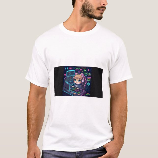 Kawaii Cat Coder T-Shirt | Cute Programmer Cat Neo (Front)