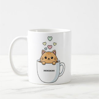 Kawaii Cat & Coffee Hearts Illustration Mug