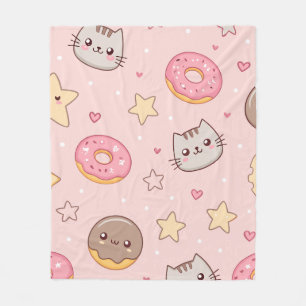 Kawaii Cat, Doughnut, and Star Pattern Fleece Blanket