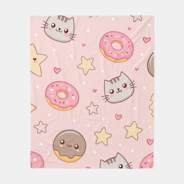 Kawaii Cat, Doughnut, and Star Pattern  Fleece Blanket (Front)