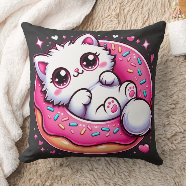 Kawaii Cat Doughnut - Anime Lover Otaku Cute Throw Cushion (Blanket)