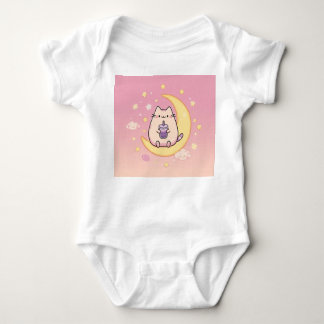 Kawaii Cat Drinking Bubble Tea on Crescent Moon – Baby Bodysuit
