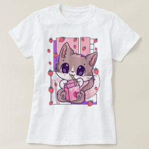 Kawaii Cat Drinking Strawberry Milk T-Shirt
