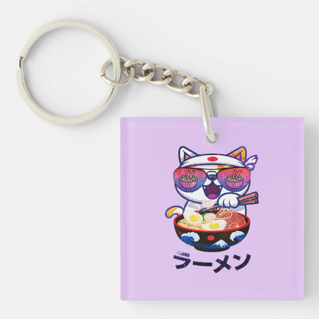 Kawaii Cat Eating Ramen – Cute Japanese Noodles Key Ring (Front)