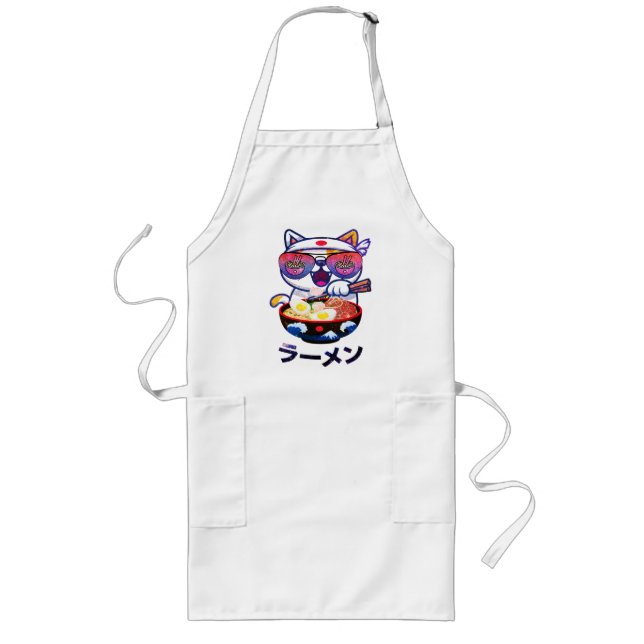 Kawaii Cat Eating Ramen – Cute Japanese Noodles Long Apron (Front)