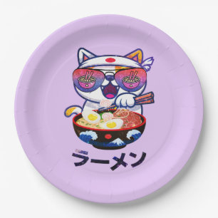 Kawaii Cat Eating Ramen – Cute Japanese Noodles Paper Plate
