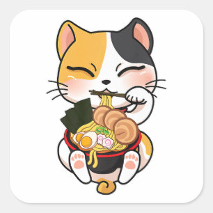 Kawaii Cat Eating Ramen Japanese Food Pet Lover Square Sticker