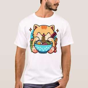 Kawaii Cat Eating Ramen Neko Funny Japanese Anime T-Shirt