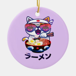 Kawaii Cat Eating Ramen Noodles Ceramic Ornament