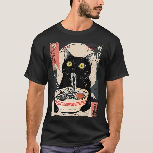 Kawaii Cat Eating Ramen Noodles Funny Anime Gift G T-Shirt (Front)